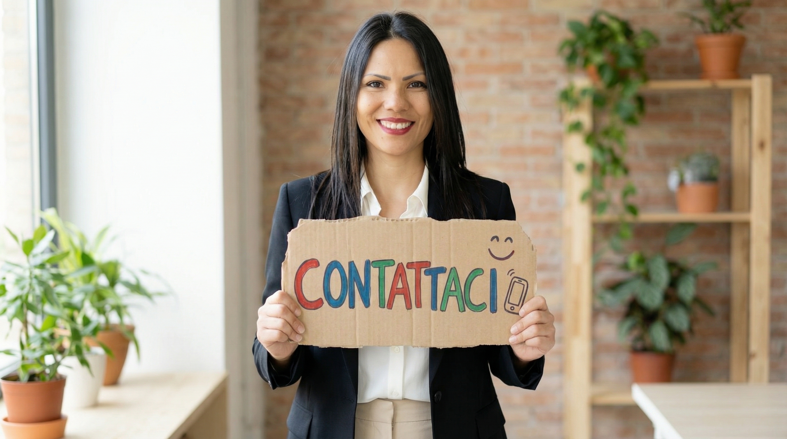 Professionista sorridente con cartello Contattaci